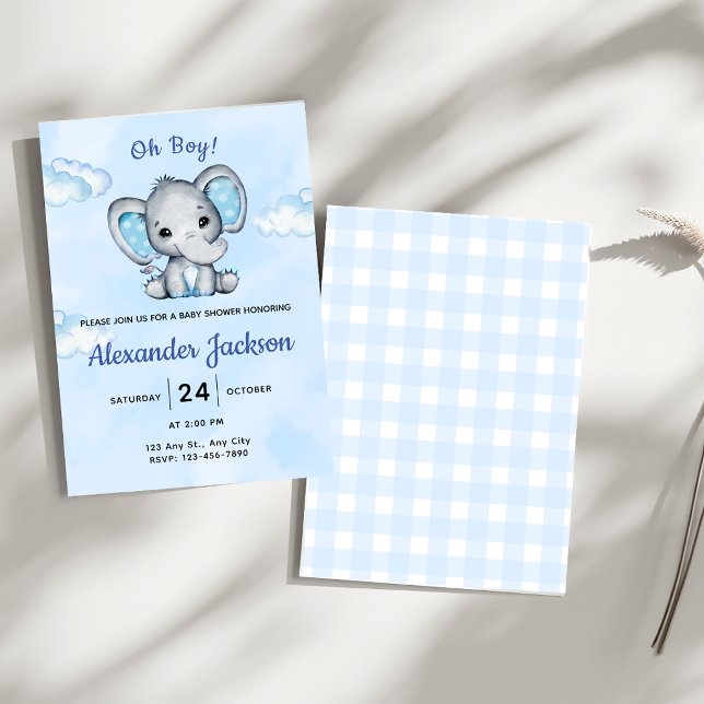 Convite de Chuvada de Bebê Menino Elefante Azul Fo (Criador carregado)