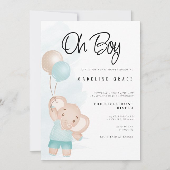 Convite de Chuvada de Bebê Menino Elefante Bebê (Frente)