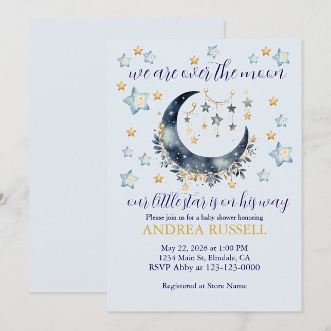 Convite de Chuvada de Bebê Menino Estrelas da Lua  (Frente/Verso)