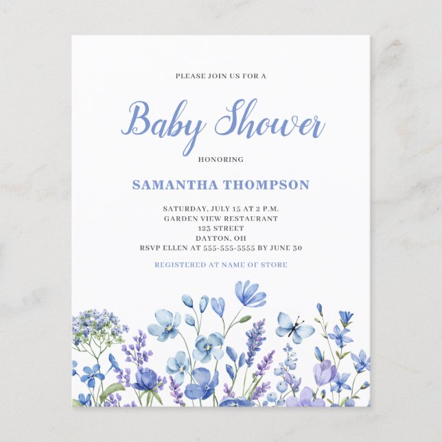 Convite de Chuvada de Bebê Menino Floral Azul Econ (Frente)