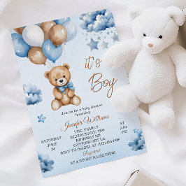 Convite de Chuvada de Bebê Menino Urso de Balão Az