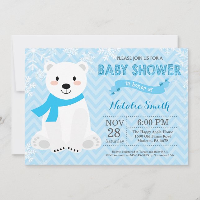Convite de Chuvada de Bebê Menino Urso Polar Azul  (Frente)