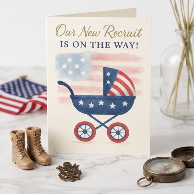 Convite de Chuvada de Bebê Militar Estrelas e List (Our New Recruit Military Baby Announcement | Patriotic Stars & Stripes Card)