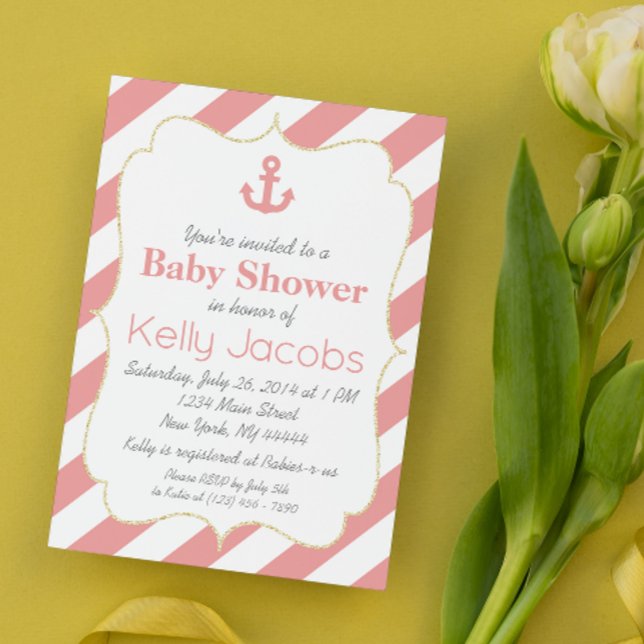 Convite de Chuvada de Bebê Náutico Coral e Dourado (Criador carregado)