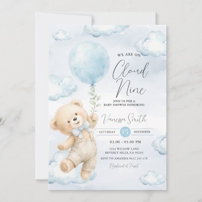 Convite de Chuvada de Bebê Nuvem Nove Urso Azul  (Frente)