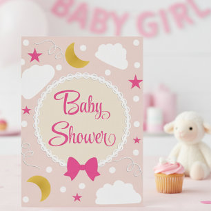 Convite de Chuvada de Bebê Nuvens e Estrelas Rosa 
