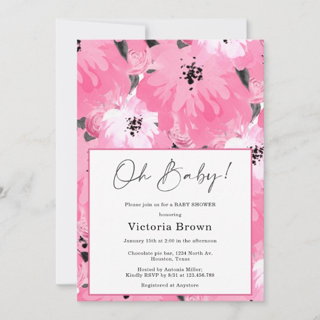 Convite de Chuvada de Bebê Oh Baby Floral Rosa (Frente)