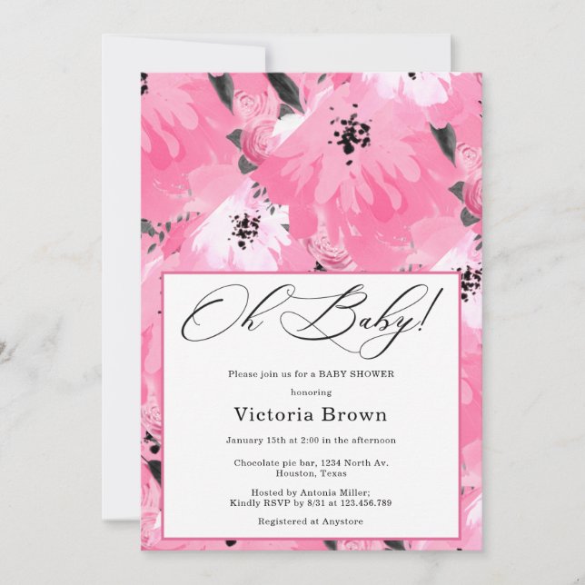 Convite de Chuvada de Bebê Oh Baby Floral Rosa (Frente)