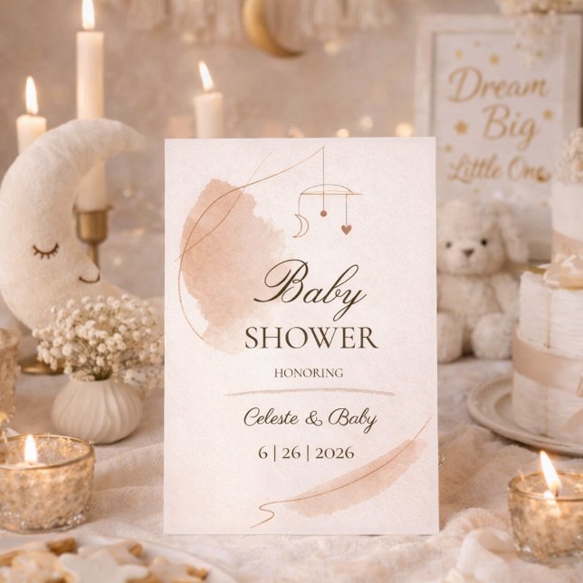 Convite de Chuvada de Bebê Paisagem de Sonhos da L (Celestial nursery themed baby shower layout with moon mobile and soft taupe brush accents)