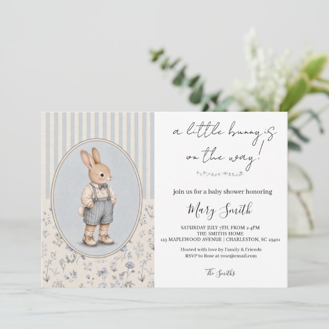Convite de Chuvada de Bebê Personalizado, Coelho V (Em pé/Frente)