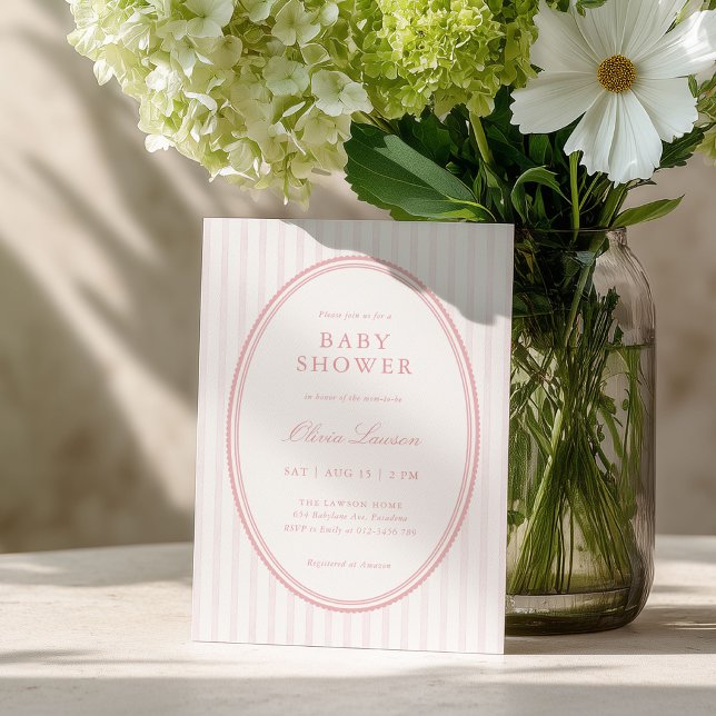 Convite de Chuvada de Bebê Preppy com Listras Rosa (Criador carregado)