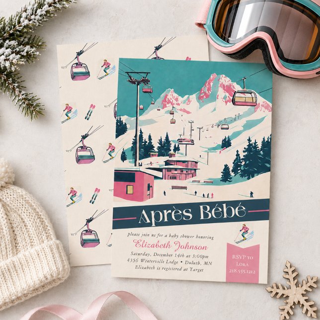 Convite de Chuvada de Bebê Retro de Esqui Après Bé (Pink Après Bébé Retro Ski Baby Shower Invitation)