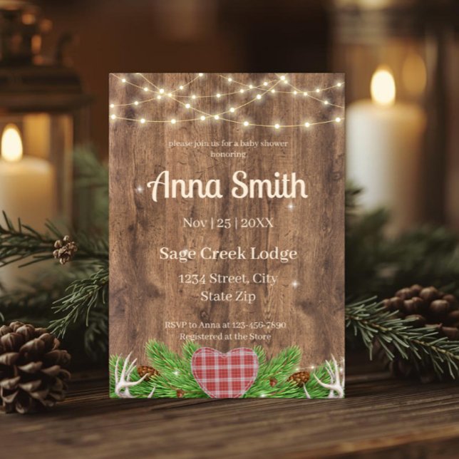 Convite de Chuvada de Bebê Rústico Florestal | Xad (Rustic woodland baby shower invitation with antlers pine greenery and plaid heart accents.)