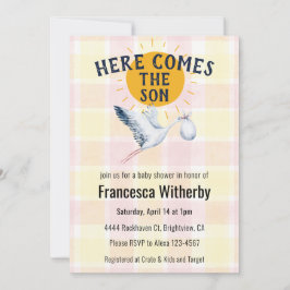 Convite de Chuvada de Bebê Stork Xadrez Vermelho 0