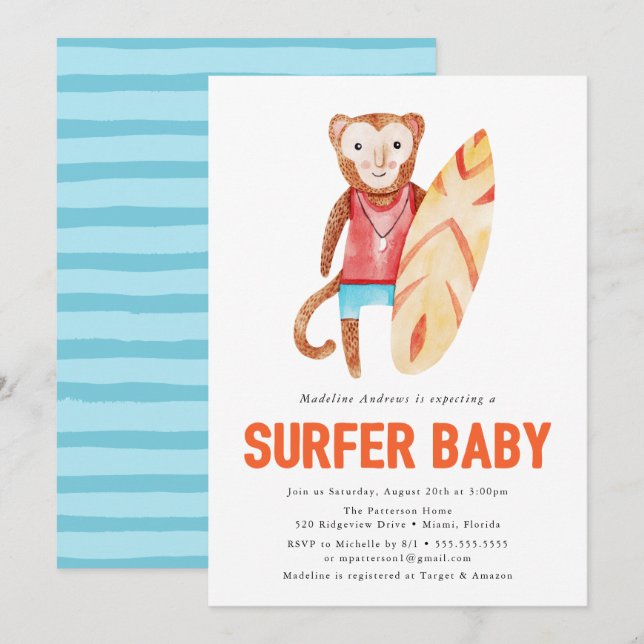 Convite de Chuvada de Bebê | Surfer Baby (Frente/Verso)