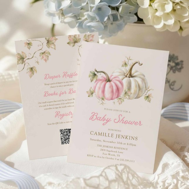 Convite de Chuvada de Bebê Tudo em Um Abóbora Rosa (Fall Pumpkin Girl Baby Shower Invitation)