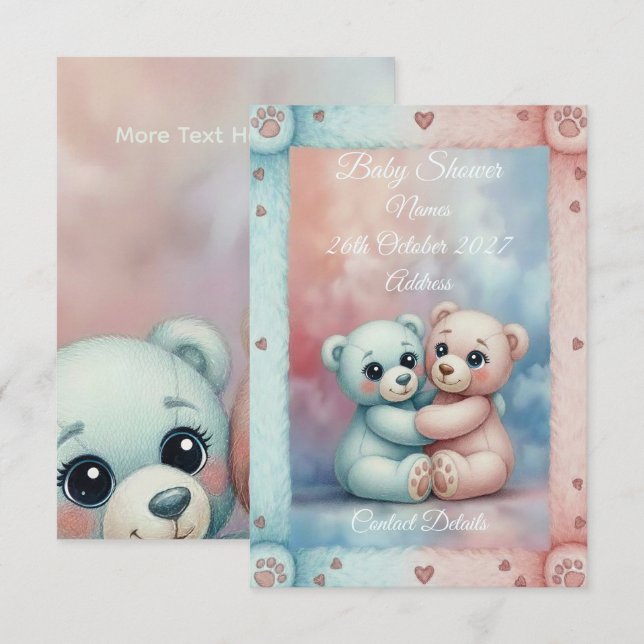 Convite de Chuvada de Bebê Urso Teddy Adorável (Frente/Verso)