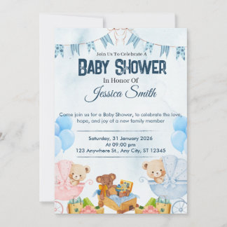 Convite de Chuvada de Bebê Urso Teddy Azul