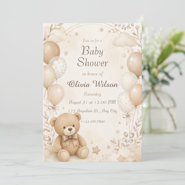 Convite de Chuvada de Bebê Urso Teddy Bege Neutro  (Em pé/Frente)