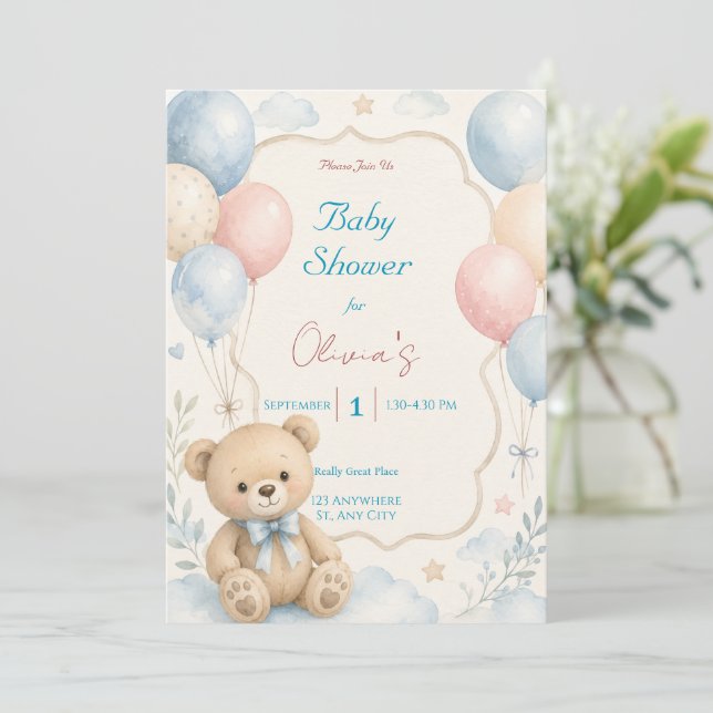 Convite de Chuvada de Bebê Urso Teddy em Aquarela (Em pé/Frente)