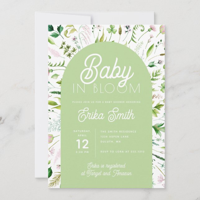Convite de Chuvada de Bebê Verde Sage Baby in Bloo (Frente)