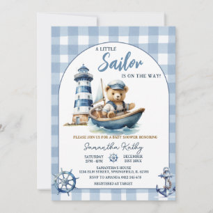Convite de Chuvada de Bebê Xadrez Azul Urso Marinh
