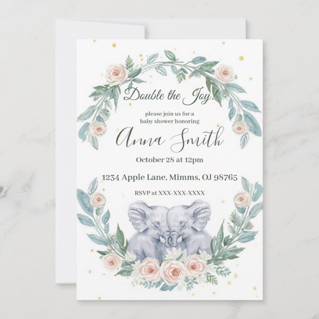 Convite de Chuvada de Gêmeos Elegante – Aquarela (Frente)