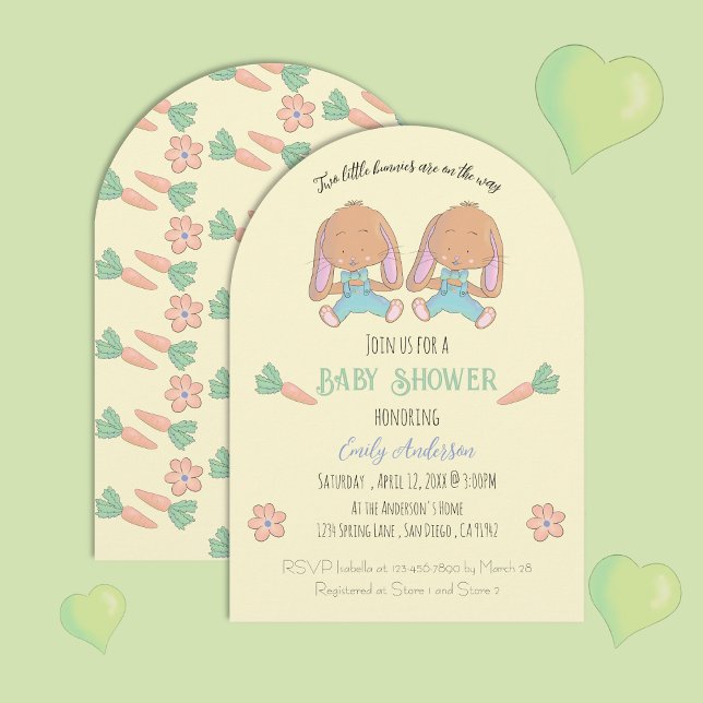 Convite de Chuvada de Presentes para Bebê com Arco (Cute twin bunnies arched baby shower invitation .)