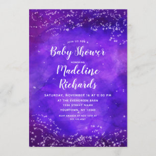 Convite de Chuvade Bebê Roxo Galáxia Noite Estrela