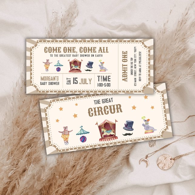 Convite de Chuveirinho de Bebê Circo Vintage Neutr (Neutral Vintage Circus Ticket Carnival Baby shower Invitation)