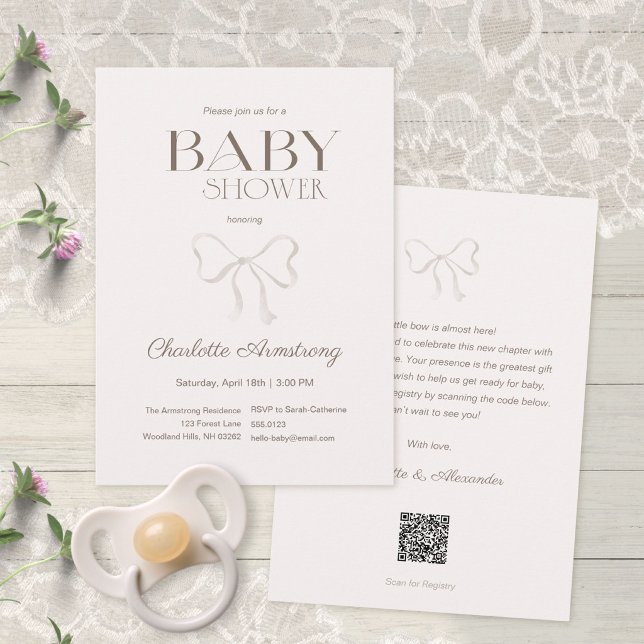 Convite de Chuveiro de Bebê Arco de Aquarela Rosa  (Subtle Dusty Rose Watercolor Bow Baby Shower Invitation ©Susanne Sachers - Sunny Mind 🌞)
