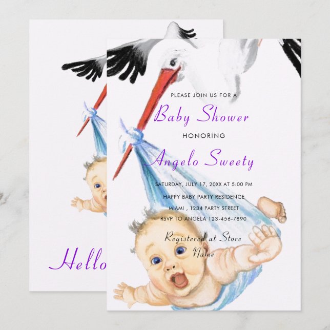 Convite de Chuveiro de Bebê com Cegonha Engraçada (Frente/Verso)