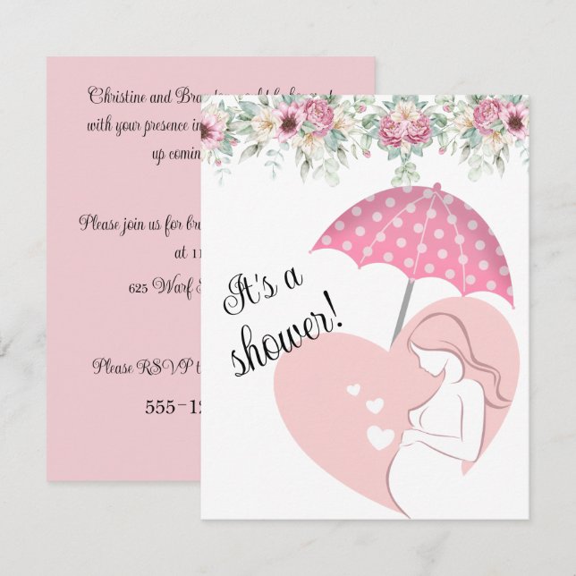 Convite de Chuveiro de Bebê com Guarda-Chuva Rosa  (Frente/Verso)