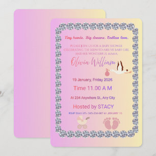 Convite de Chuveiro de Bebê Diamante Rosa e Dourad