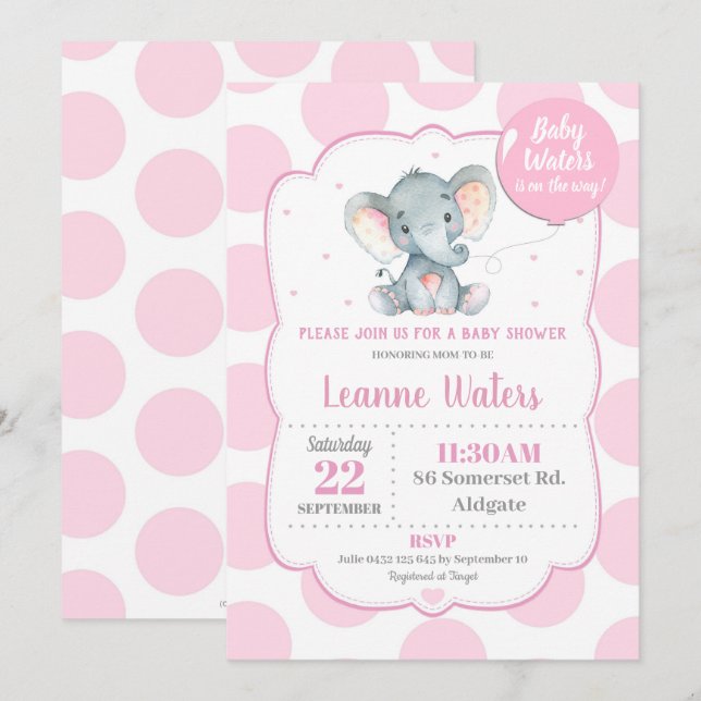 Convite de Chuveiro de Bebê Elefante Bebê Rosa Men (Frente/Verso)