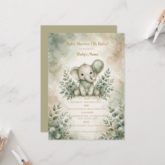Convite de Chuveiro de Bebê Elefante Boho Verde Sa (Frente/Verso In Situ)