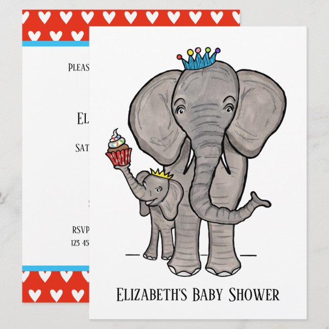 Convite de Chuveiro de Bebê Elefante Fofo Personal (Frente/Verso)