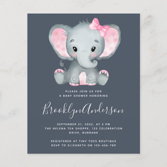 Convite de Chuveiro de Bebê Elefante Rosa ORÇAMENT (Frente)