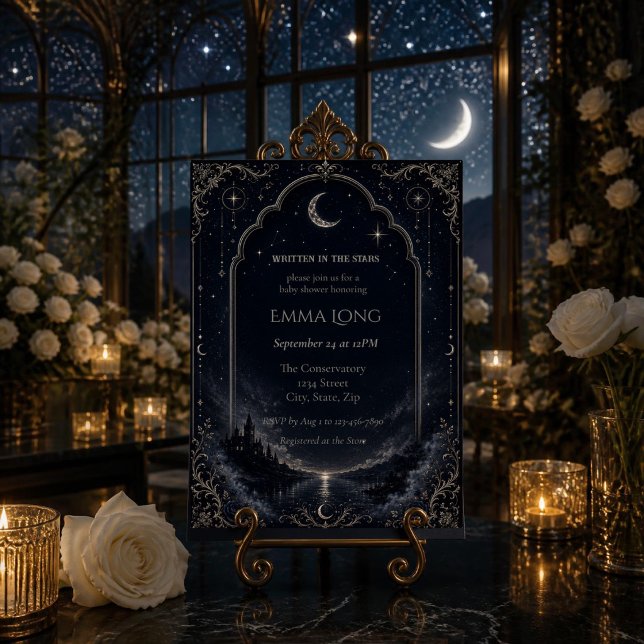 Convite de Chuveiro de Bebê Escrito nas Estrelas (Elegant moon & stars baby shower invitation with celestial Art Deco design for a magical celebration)