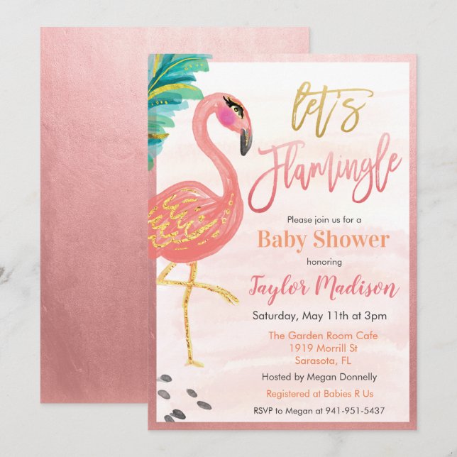 Convite de Chuveiro de Bebê Flamingo Aquarela (Frente/Verso)