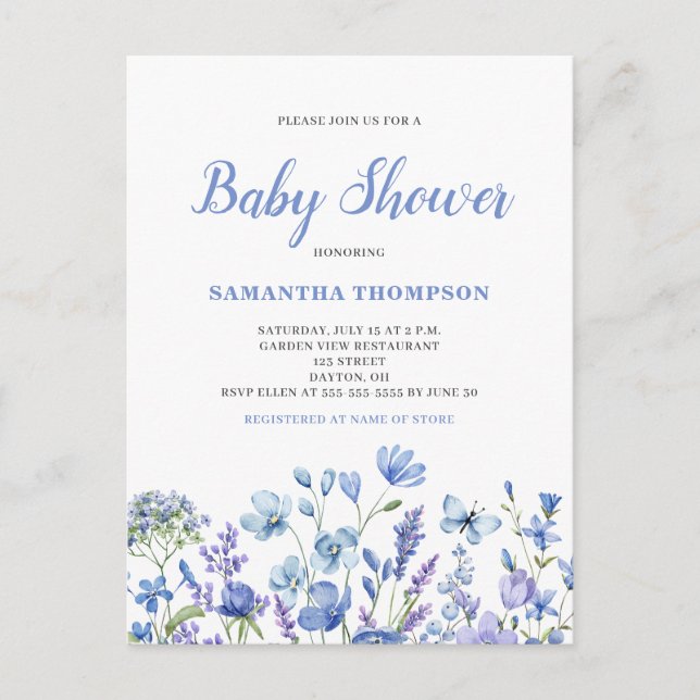 Convite de Chuveiro de Bebê Floral Azul Delicado (Frente)