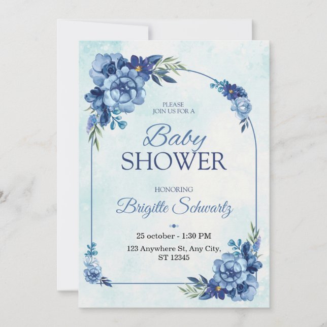 Convite de Chuveiro de Bebê Floral Azul Elegante (Frente)