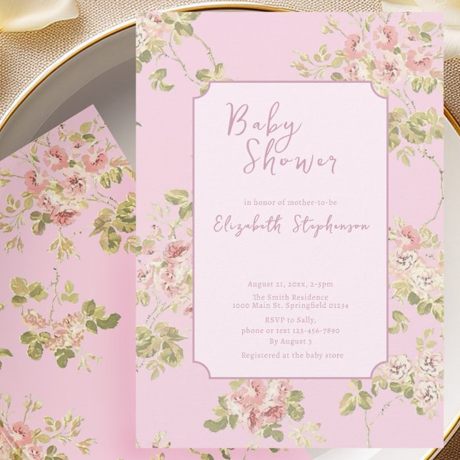 Convite de Chuveiro de Bebê Floral Rosa Elegante (Criador carregado)