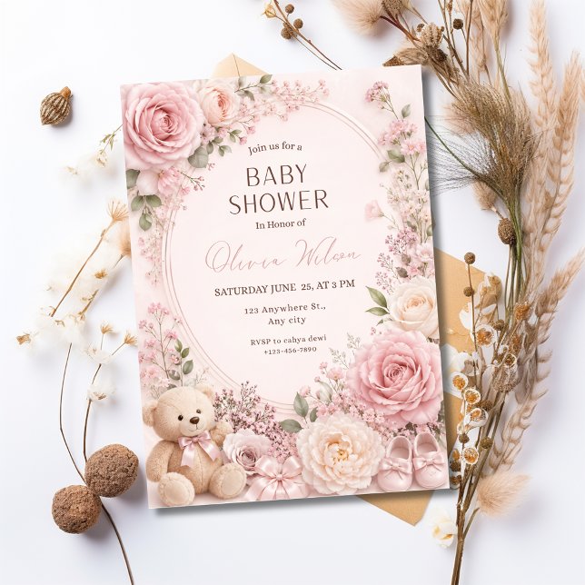 Convite de Chuveiro de Bebê Floral Rosa para Menin (Criador carregado)