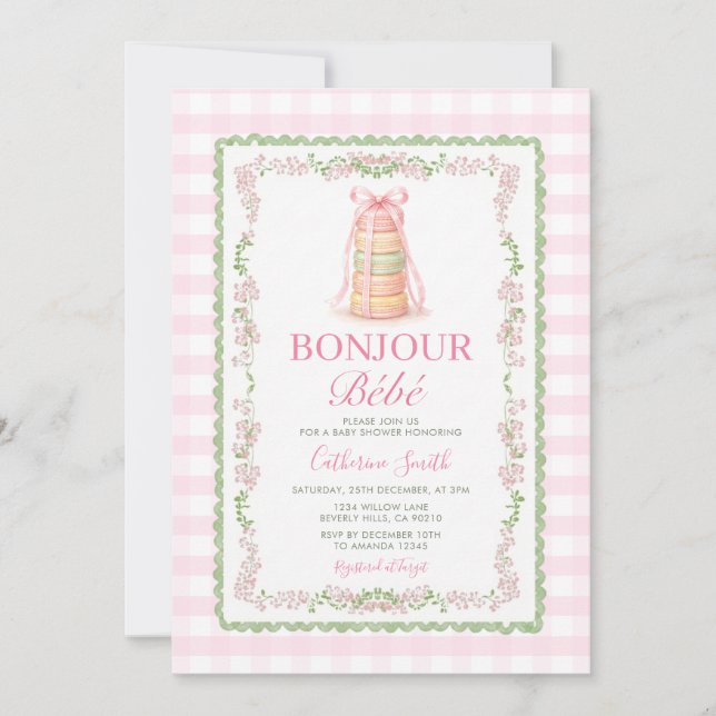 Convite de Chuveiro de Bebê Francês Bonjour Bébé M (Frente)