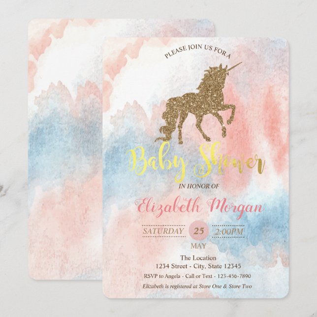 Convite de Chuveiro de Bebê Glitter Unicórnio Aqua (Frente/Verso)