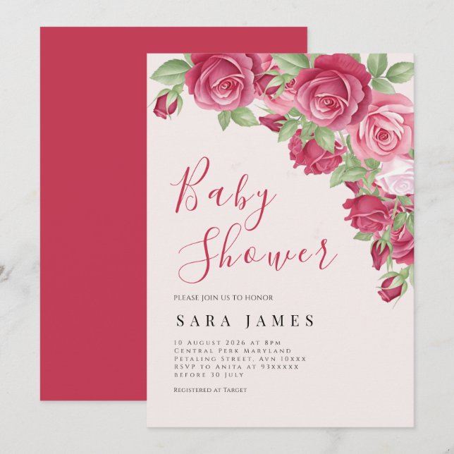 Convite de Chuveiro de Bebê Jardim de Rosas Encant (Frente/Verso)