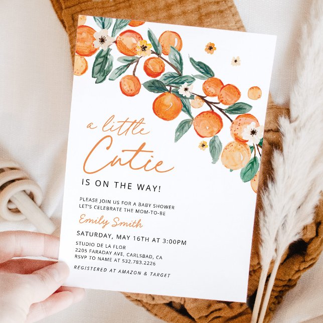 Convite de Chuveiro de Bebê Laranja Little Cutie (Little Cutie Is On The Way Baby Shower Invitation, citrus orange blossom watercolor invitation)