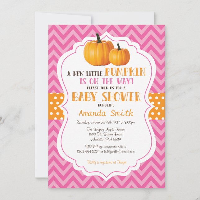 Convite de Chuveiro de Bebê Little Pumpkin Pink Ch (Frente)