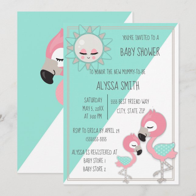 Convite de Chuveiro de Bebê Menina Flamingo Rosa V (Frente/Verso)